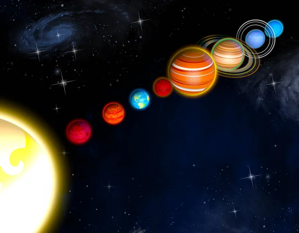 Sistema solar planetas tamaños de diámetro y órbitas. Libro de niños — Foto de Stock
