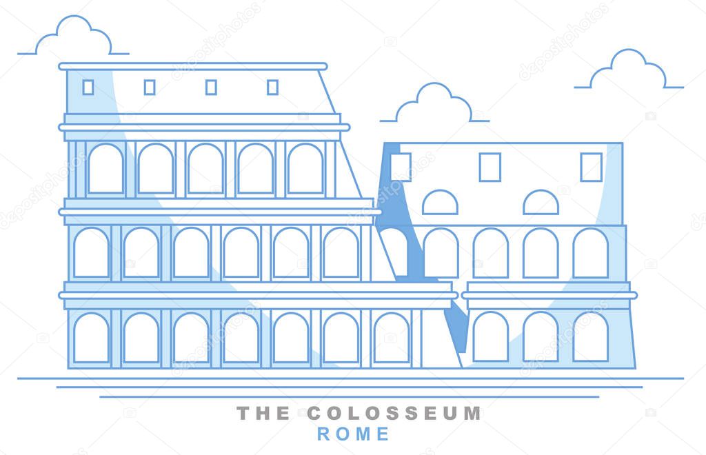 Stylized coliseum, Roman amphitheater, Rome, freehand design. Italy. Capital. Colosseum. Famous monument, seven wonders of the world