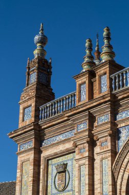 İspanya: Plaza de Espana dekore edilmiş binaların ayrıntılarını, Seville en ünlü Meydanı 1928 yılında Latin-Amerikan Fuar için 1929, Bölgesellik Mimarlık örneği inşa