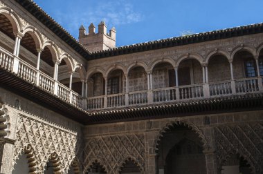 İspanya: Patio de Las Doncellas, genç kızları avlu, Kral Peter ı Sarayı Alcazar Seville, ünlü Kraliyet Sarayı'nın kamu alanının mimari detaylar