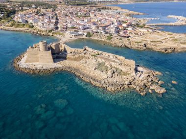 Aerial view of the Aragonese castle of Le Castella, Le Castella, Calabria, Italy clipart