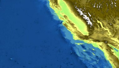 California, San Francisco, Los Angeles, dağlar, Pasifik Okyanusu ve tepeler, dağ aralıkları ve Sant'Andrea fay fiziksel Haritası. Nevada