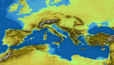 Akdeniz ve Avrupa, yükseklikleri, Haritası harita, deniz alt, Afrika ve Orta Doğu, 3d render. Fiziksel harita