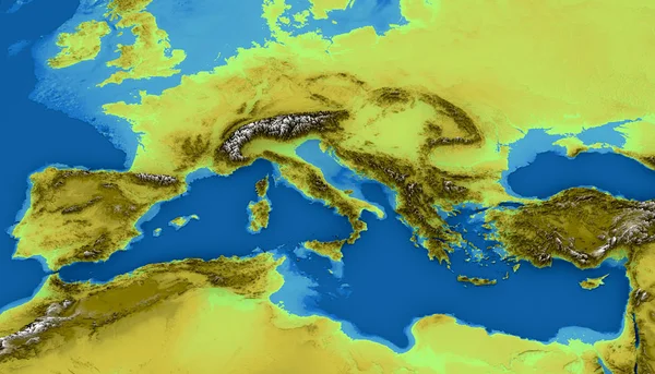 Kaart van de Middellandse Zee en Europa, kaart van hoogtes, zeebodem, Afrika en Midden-Oosten, 3D-rendering. Fysieke kaart — Stockfoto