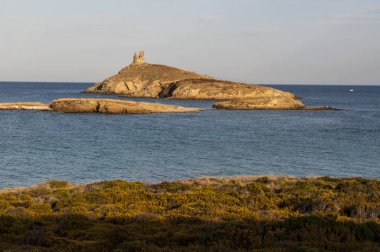 Corsica: Cap Corse doğa manzaralı kıyı yolda Akdeniz maki les Iles Finocchiarola, A Terra, Mezzana ve Finocchiarola adlı üç küçük ada rezerv.