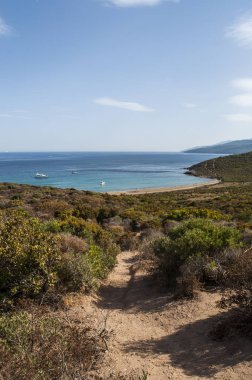Corsica: Plage des Iles (Beach Adaları) manzaralı les Iles Finocchiarola doğa rezerv, üç küçük adlandırılmış A Terra, Mezzana Finocchiarola ada ve