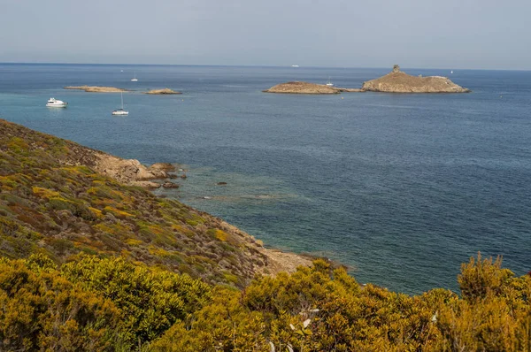 Corsica: Cap Corse doğa manzaralı kıyı yolda Akdeniz maki les Iles Finocchiarola, A Terra, Mezzana ve Finocchiarola adlı üç küçük ada rezerv.