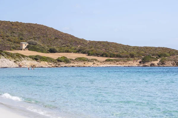 Córcega: vista de Plage de Tamarone, playa de Tamarone, una de las playas más famosas y salvajes del Cap Corse, un largo tramo de arena y calas rocosas rodeadas por los maquis mediterráneos —  Fotos de Stock