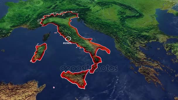 イタリア、地中海の地図、地図のレリーフと強調表示されたイタリアの状態に地中海ヨーロッパの山の地図。ローマ首都 — ストック動画