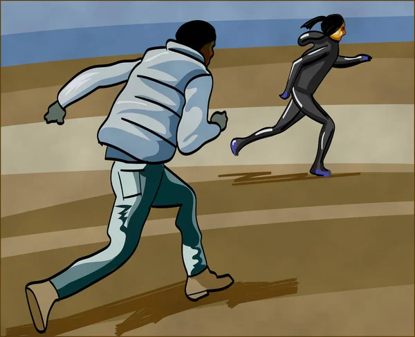 Chica huyendo, mujer escapando de un asaltante. Migrantes huyendo. Violencia —  Fotos de Stock