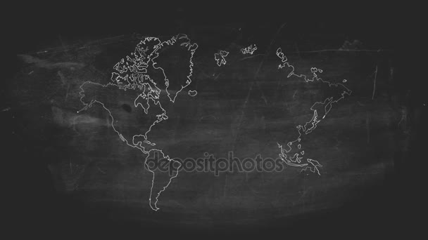 Mapa do mundo, planimetria, desenho sobre quadro-negro, giz — Vídeo de Stock