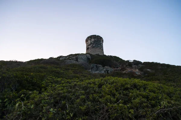 Córcega: puesta de sol en la Torre La Parata, una torre genovesa en ruinas construida en 1608 en la cima del cabo La Parata, en el extremo norte del Golfo de Ajaccio, frente a los Sanguinarios de Iles (Islas Sangrientas) ) — Foto de Stock