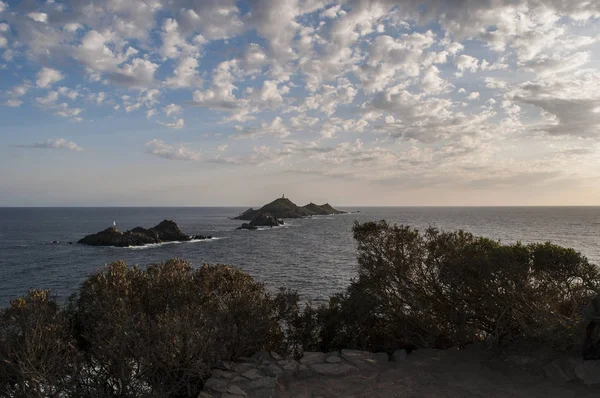 Korsika: Medelhavet och maquis med utsikt över Iles Sanguinaires (blodiga öarna), de berömda fyra mörka röd porfyr öarna, en liten skärgård i golfen Ajaccio — Stockfoto