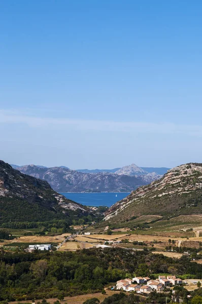 Córcega: vista panorámica del paisaje de Alta Córcega, con el mar Mediterráneo al fondo y montañas rodeadas de verdes colinas, viñedos y campos de trigo —  Fotos de Stock