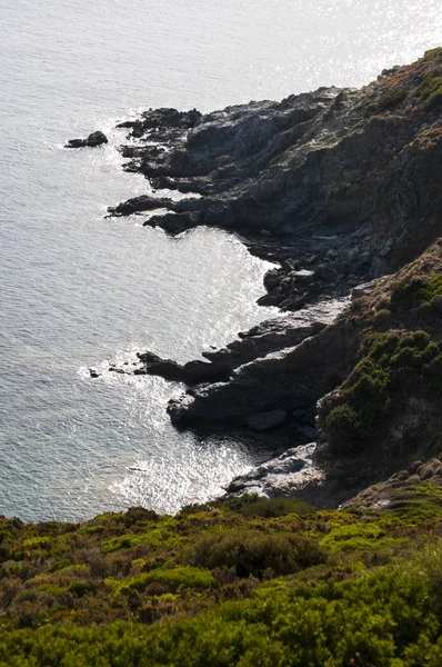 Острів Корсика: скелі і середземноморської Маки в місті Anse daliso (Plage dalisu), один з найбільш віддалених пляжів західній стороні Cap Корсика, північний півострів славиться диких краєвид — стокове фото