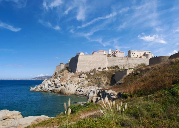 コルシカ島 2017 地中海とカルヴィの古代シタデル 古代城壁で 島の北西部の海岸で有名な観光地のスカイラインの眺め — ストック写真
