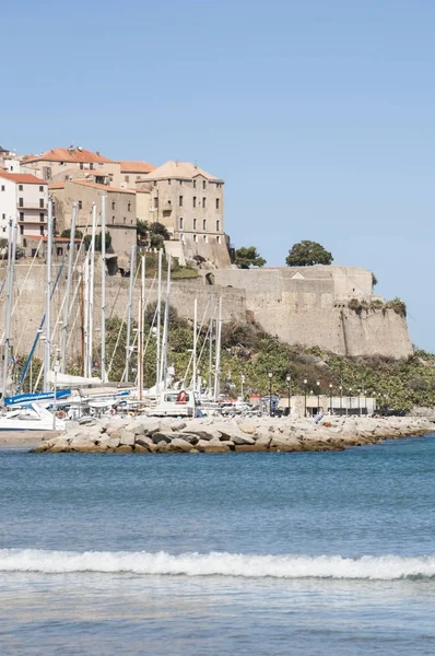 コルシカ島 2017 地中海とカルヴィの古代城塞 古代の壁やマリーナでボートがある北西海岸の有名な観光地のスカイラインの眺め — ストック写真