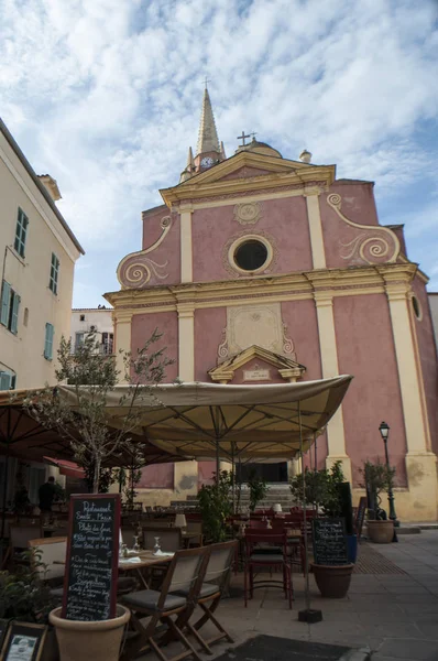 Corsica 2017 View Church Mary Calvi Pink Yellow Catholic Church — стоковое фото