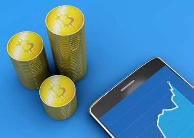 Cep telefonu ve Bitcoin, cryptocurrency, elektronik para, sanal para birimi, geçişler. 3D render