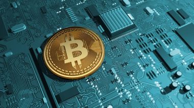 Bitcoin, kripto para birimi, elektronik para, sanal para, geçişler. Baskılı devre kartı, ekran kartı 3d render
