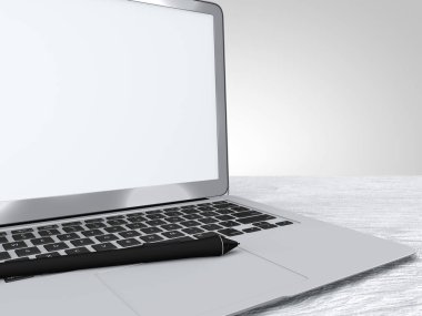 Dijital kalem ve dizüstü bilgisayar, iş, grafik, fikir. Ahşap masa ve beyaz arka plan