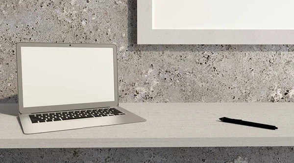 Ноутбук Опирается Деревянный Стол Современный Дизайн Интерьера Обстановка Современный Рендеринг — стоковое фото
