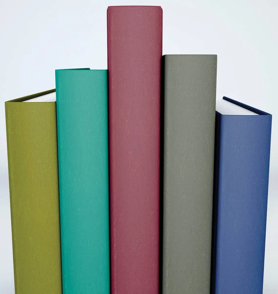 Spine tail, foot of books. Spine cover of five backed books arranged in order of height. Book covers arranged on a shelf. 3d rendering