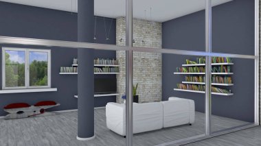 İç Dekorasyon, oturma odası ve modern mobilyalar, tuğla duvar, bir parka bakan pencere. Prestijli çatı katı. Bir yastık ile bir clothespin şeklinde koltuk. Tezgah. 3D render