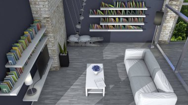 İç Dekorasyon, oturma odası ve modern mobilyalar, tuğla duvar, bir parka bakan pencere. Prestijli çatı katı. Bir yastık ile bir clothespin şeklinde koltuk. Tezgah. 3D render