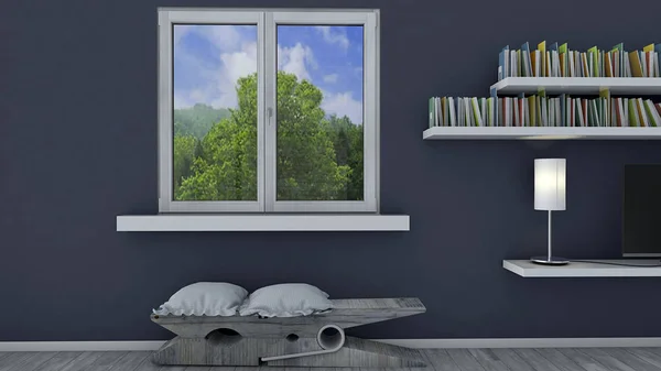 Innendekoration Bücherregal Das Einer Blauen Wand Hängt Fenster Mit Blick — Stockfoto