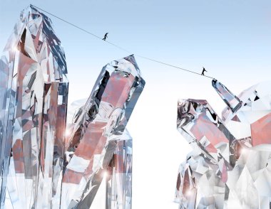 Bir ip, fantastik dünya üzerinde yürüyen insanlar. Kristaller ve dağlar. Bir uçurumun üzerinde askıya insanlar. Slackline. Bilim kurgu manzara. 3D render
