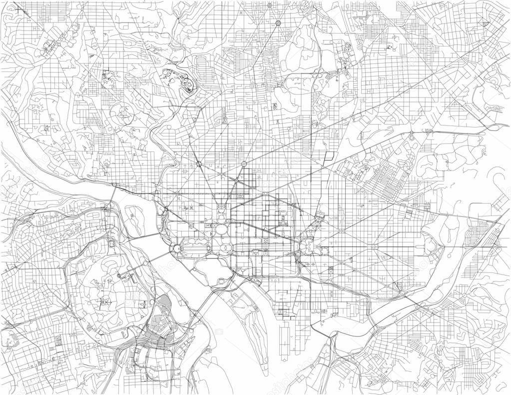 Washington, D.C. map, is the capital of the United States of America. Streets of the capital, satellite view. District of Columbia