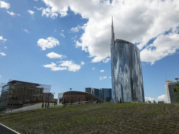 Foundation Riccardo Catella, Unicredit tower and Library of trees, new park in Milan, skyscrapers. April, 30, 2018. Lombardy, Italy