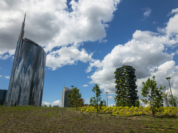 Foundation Riccardo Catella, Unicredit tower and Vertical Forest, Library of trees, new park in Milan, skyscrapers. April, 30, 2018. Lombardy, Italy
