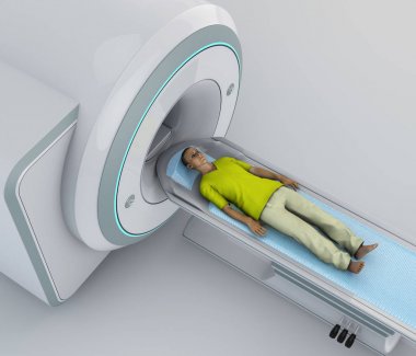 Tomografi, bilgisayarlı tomografi taraması, taranan nesnesinin belirli alanlarda kesit (tomografik) görüntüleri üretmek için x-ışını ölçümleri. Genç hasta hazır bir bilgisayar axial tomografi için aşağı yalan. 3D render