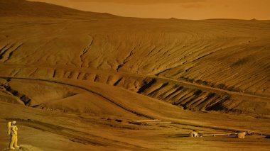 Mars gezegeni, toprak, kabuk, uzay, güneş sistemi. Kolonizasyonu. Astronot, kozmonot ve Mars toprağında temel alan. Mars fethi. 3D render