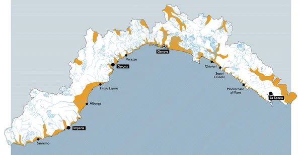 利古里亚地图 附有河流 水文地质图 主要城市和省份 热那亚 Imperia Savona Spezia 意大利 水关键度图 — 图库矢量图片
