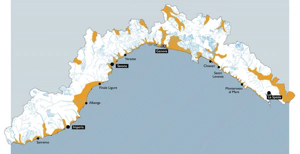 Карта Лигурии Реками Гидрогеологической Картой Главными Городами Провинциями Генуя Империя — стоковый вектор
