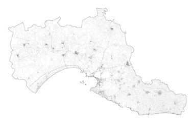 Taranto bölgesinin uydu görüntüsü, harita ve caddeler. Puglia, İtalya. İtalya 'nın Puglia bölgesindeki nakliye haritası. Ilva