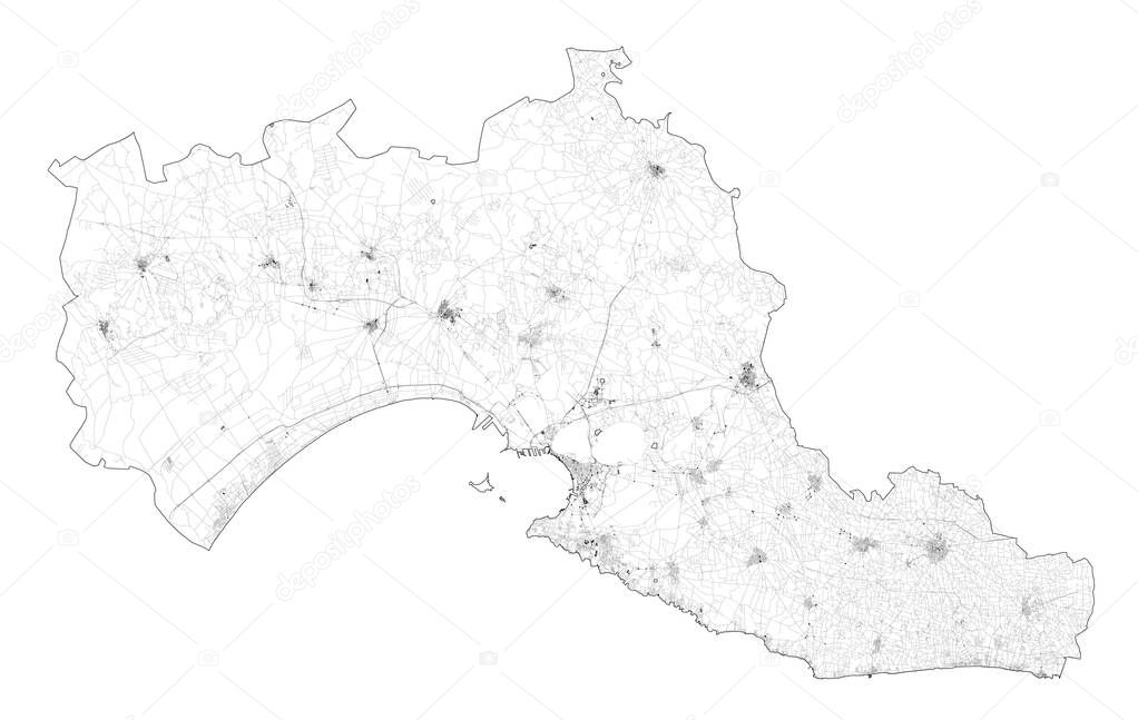 Satellite view of the Taranto province, map and streets. Puglia, Italy. Map of transports in the Puglia region, Italy. Ilva