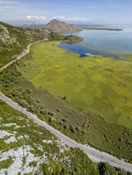 Vista Aérea Del Lago Skadar Del Lago Scutari Montenegro Rodeado —  Fotos de Stock