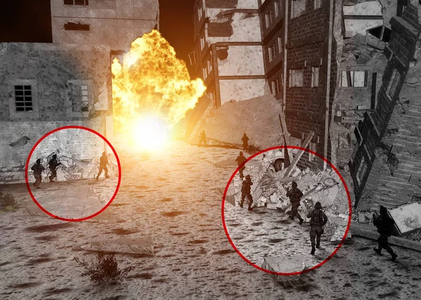 战争现场 轰炸建筑物和特种部队在行动 敌对的环境 救援行动 军队民兵发动了袭击 3D渲染 — 图库照片