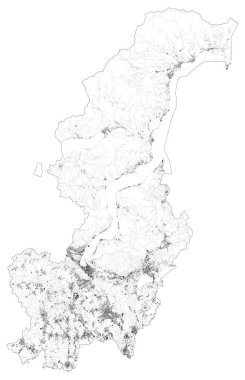Como vilayetinin uydu haritası, kasabalar ve yollar, binalar ve çevre bölgeleri birbirine bağlayan yollar. Lombardy, İtalya. Yol haritası, çevre yolları