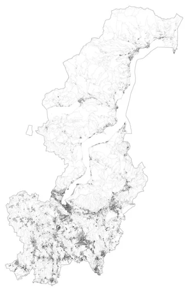 科莫省 城镇和公路 建筑物和周边地区连接公路的卫星地图 意大利伦巴第 地图公路 — 图库矢量图片