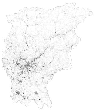 Bergamo vilayetinin uydu haritası, kasabalar ve yollar, binalar ve çevre bölgeleri birbirine bağlayan yollar. Lombardy, İtalya. Yol haritası, çevre yolları