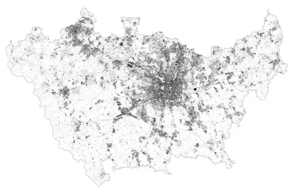 Satellietkaart Van Provincie Milaan Steden Wegen Gebouwen Verbindingswegen Van Omliggende — Stockvector