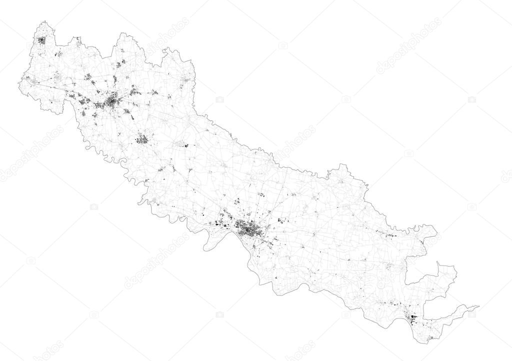 Satellite map of province of Cremona, towns and roads, buildings and connecting roads of surrounding areas. Lombardy, Italy. Map roads, ring roads