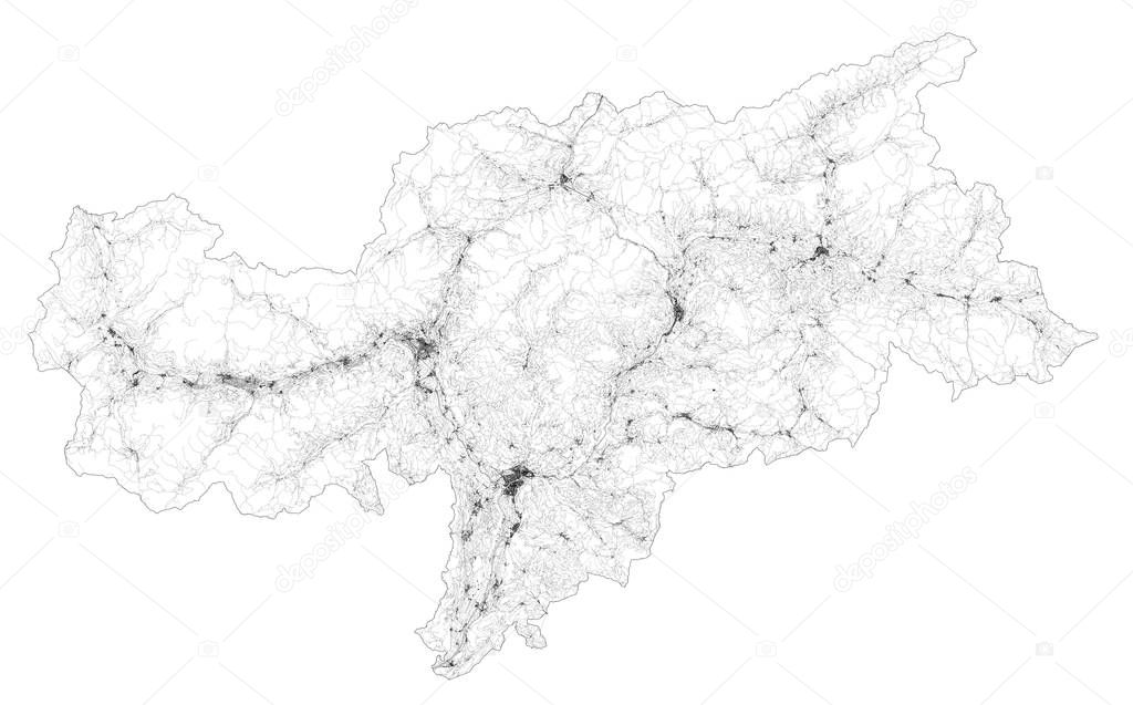 Satellite map of province of Bolzano, towns and roads, buildings and connecting roads of surrounding areas. Trentino Alto Adige, Italy. Map roads, ring roads