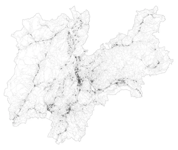 特伦托省 城镇和公路 建筑物和周边地区连接公路的卫星地图 意大利Trentino Alto Adige 地图公路 — 图库矢量图片