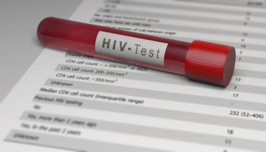 HIV virüsü testi, kan tüpü. Virüs sana da bulaştı mı diye analiz et. AIDS. İnsan bağışıklık yetmezliği virüsleri, 3 boyutlu görüntüleme